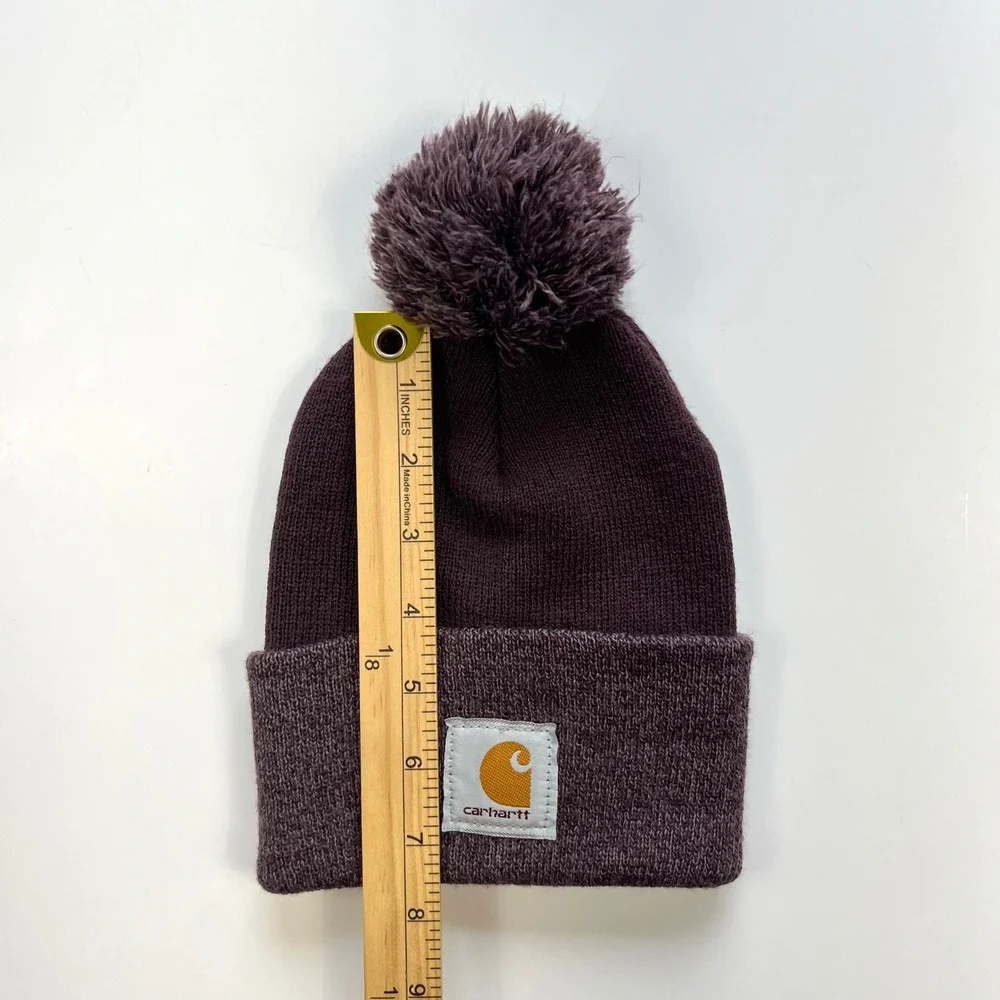 Carhartt Plum Pom Cuff Beanie Knit Hat Logo USA Thermal Workwear  Unisex Ski